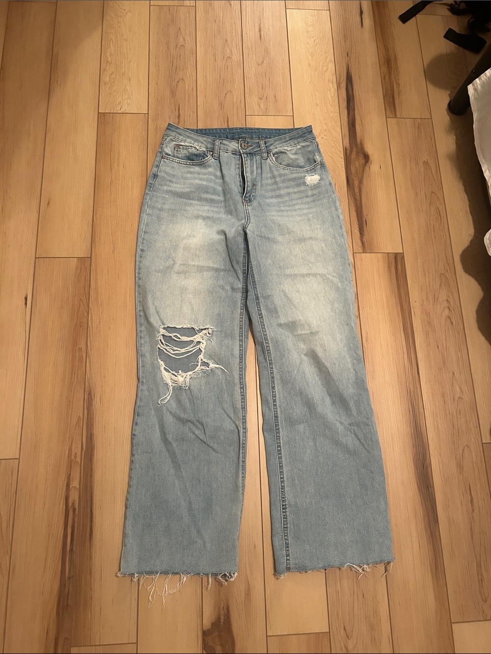 Light Blue Distressed Wide Leg High Waisted Jeans - Casual Women's Denim
